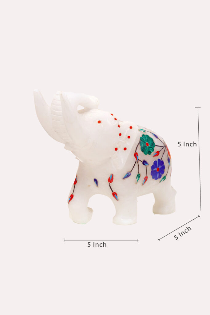 White Marble Elephant Statue Pair with Stone Inlay – Handmade Decorative Figurines for Home & Office Décor - image 5