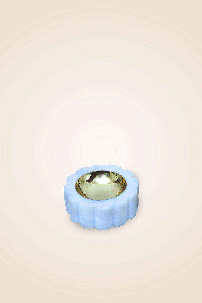 Marble & Brass Offering Tray — White Decorative Thali with Dual Ripped Shape Brass Bowls - image 4