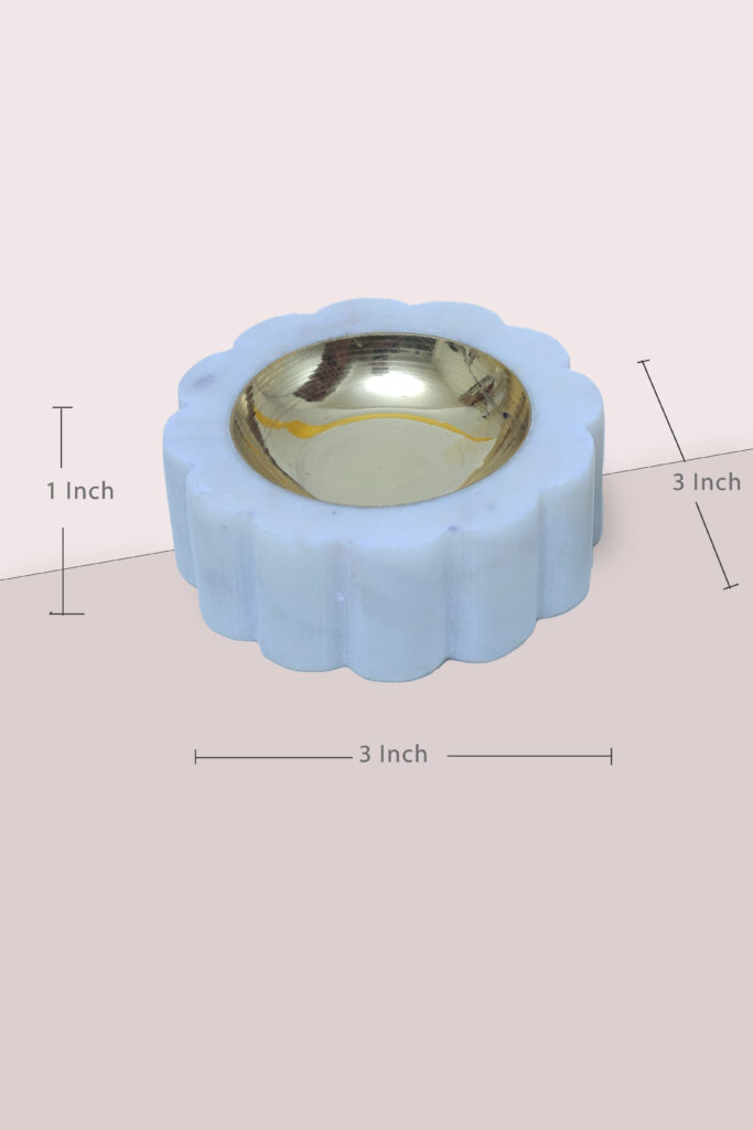 Marble & Brass Offering Tray — White Decorative Thali with Dual Ripped Shape Brass Bowls - image 3
