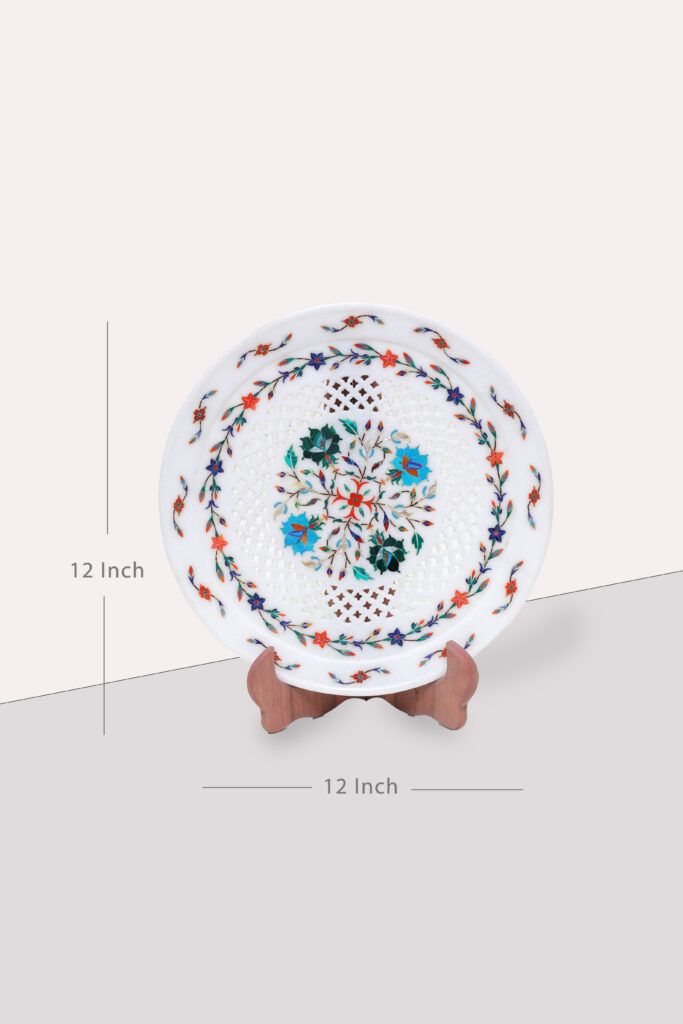 Handmade White Marble Inlay Plate with Floral Jali Work – Decorative Wall & Table Art - image 3