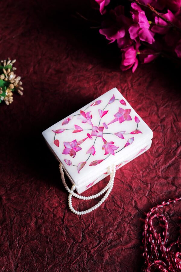 pink marble jewelry box floral inlay