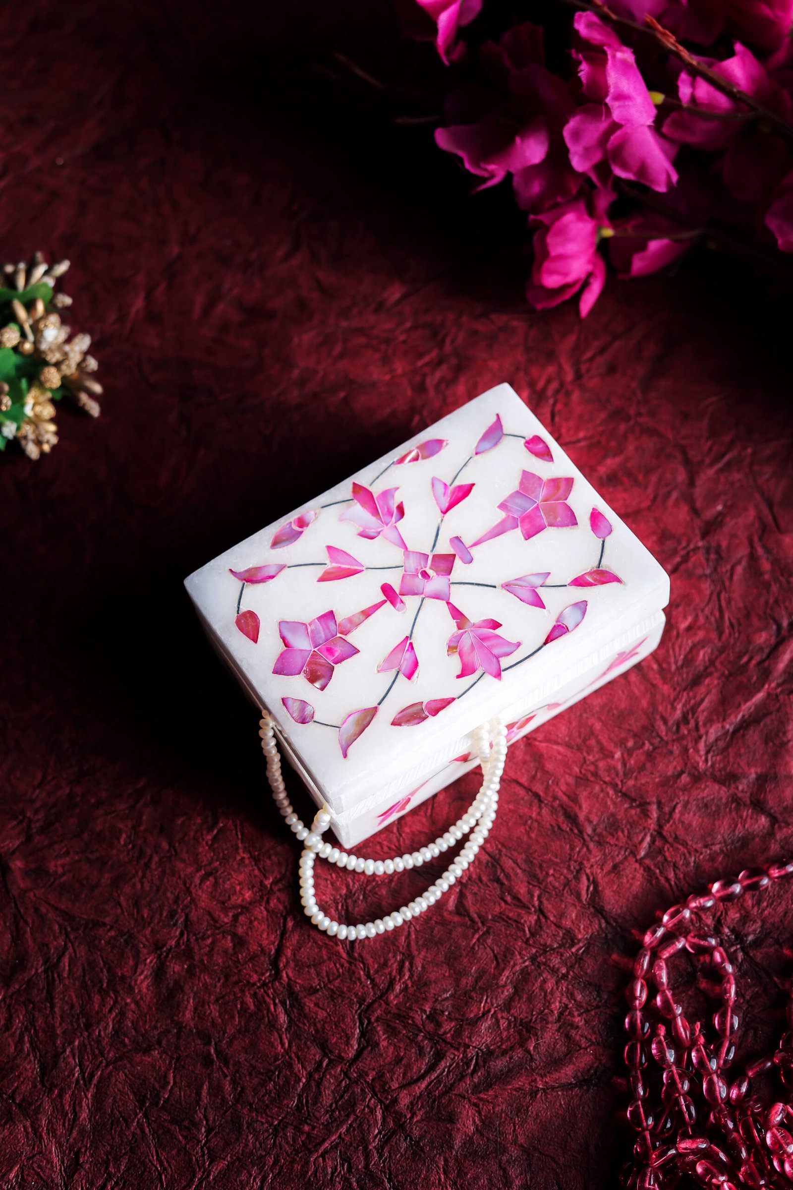 Pink Marble Jewelry Box with Floral Inlay | Handmade Luxury Storage