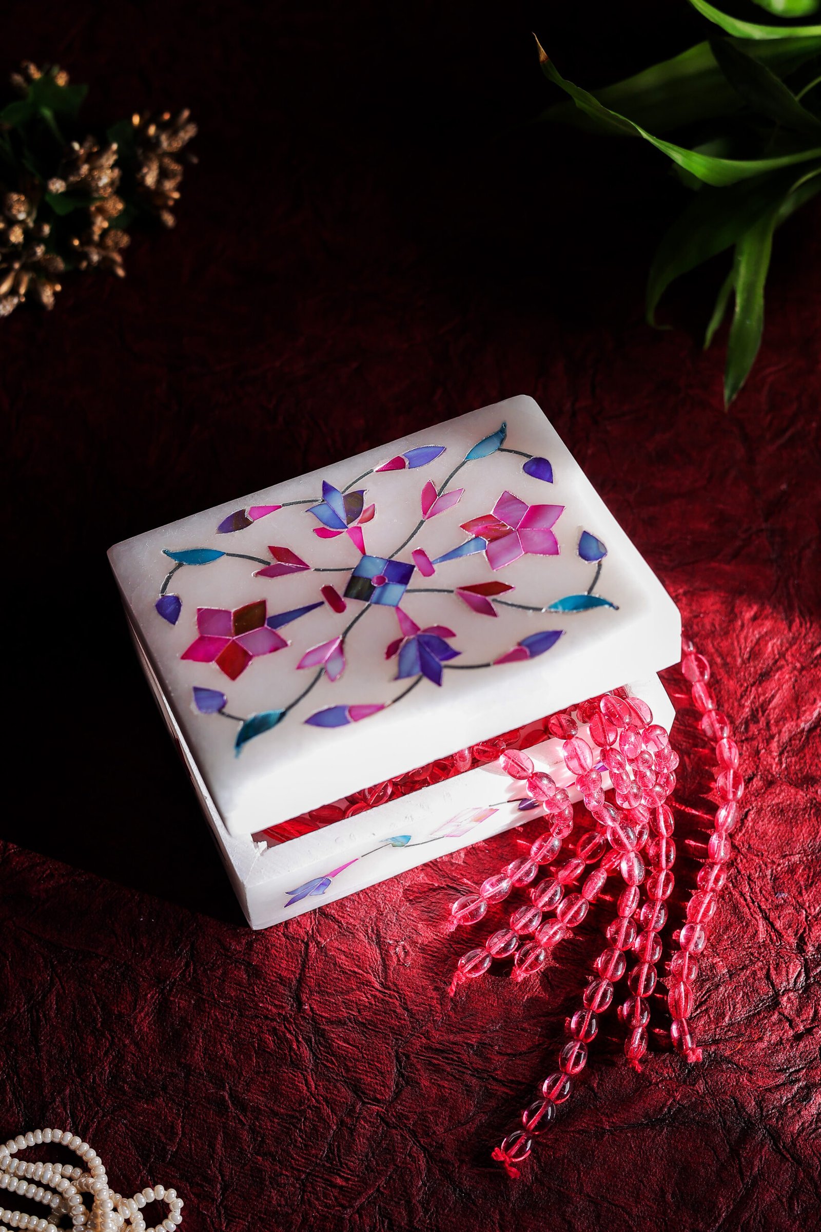 Multicolor Marble Inlay Jewelry Box – Handcrafted Mughal Floral Design (4x3 Inch)