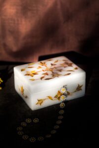Warm Golden Marble Inlay Jewelry Box – Traditional Floral Inlay Jewelry Box (4x3 Inch)