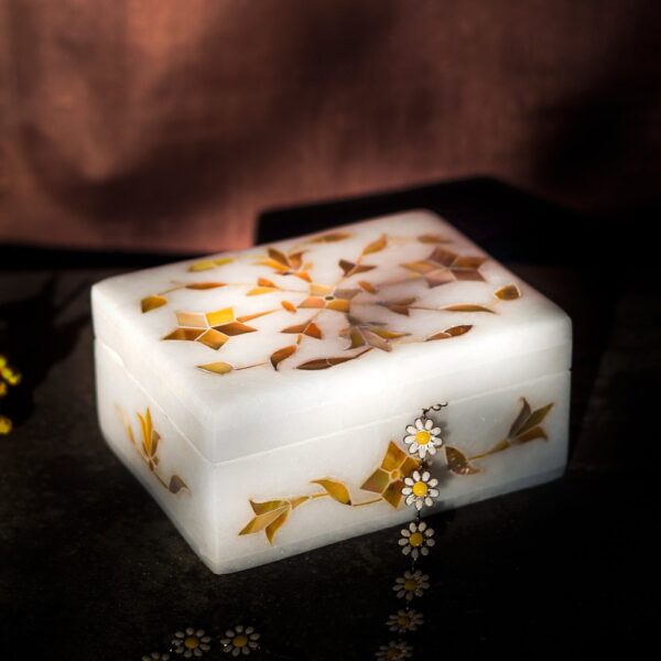 Warm Golden Marble Inlay Jewelry Box – Traditional Floral Inlay Jewelry Box (4x3 Inch)