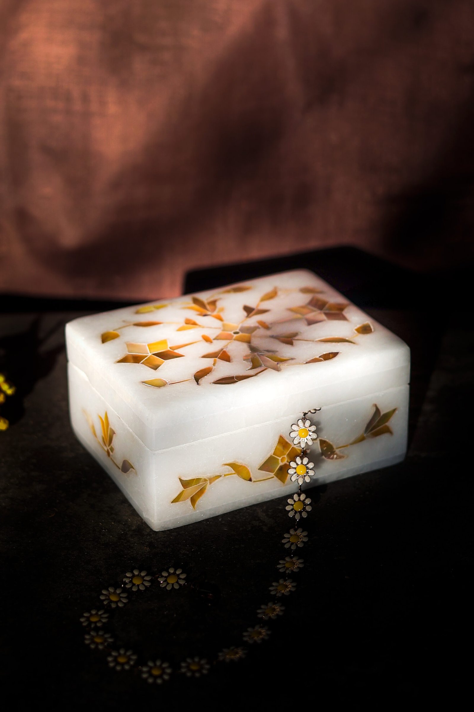 Warm Golden Marble Inlay Jewelry Box – Traditional Floral Inlay Jewelry Box (4x3 Inch)