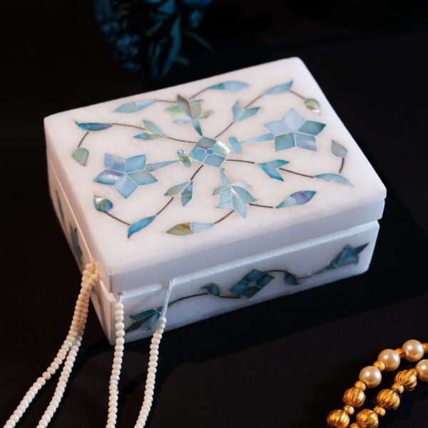 Blue Mist Marble Inlay Jewelry Box – Pastel Floral Trinket Storage (4x3 Inch)