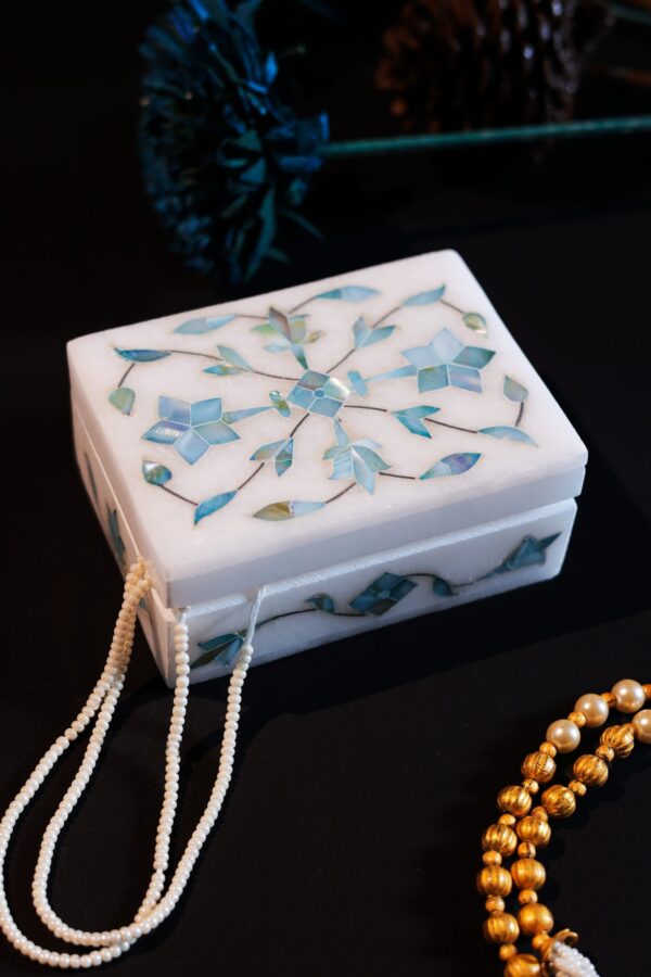 Blue Mist Marble Inlay Jewelry Box – Pastel Floral Trinket Storage (4x3 Inch)