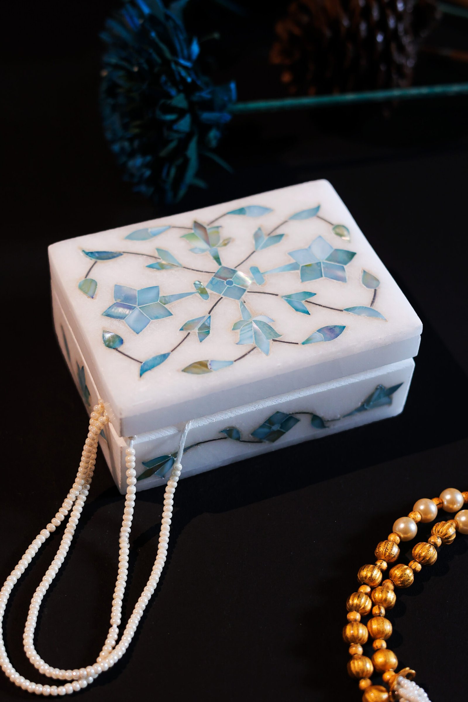 Blue Mist Marble Inlay Jewelry Box – Pastel Floral Trinket Storage (4x3 Inch)