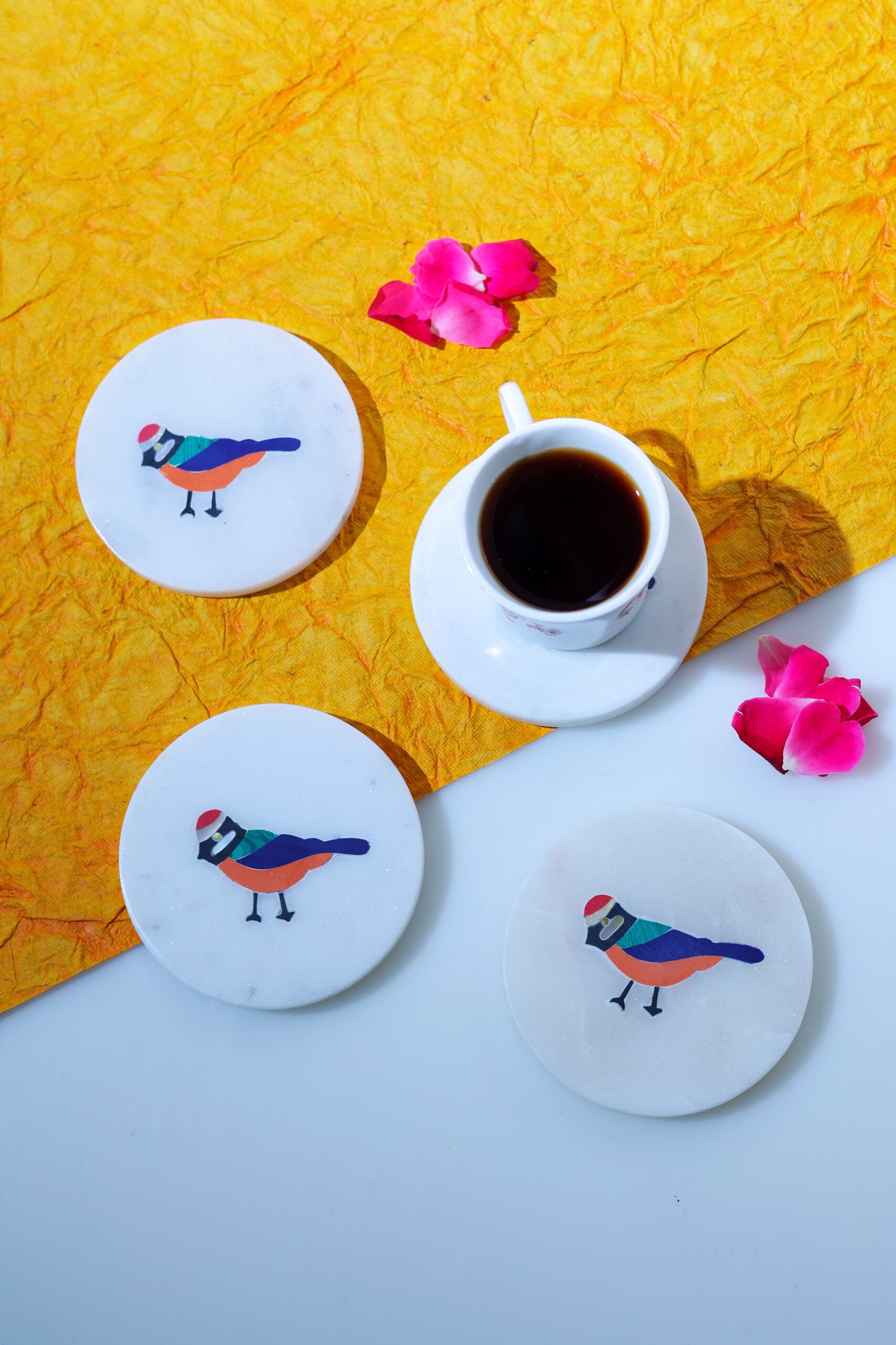 Stone Inlay Marble Coasters – Round Set of 4 for Table Décor