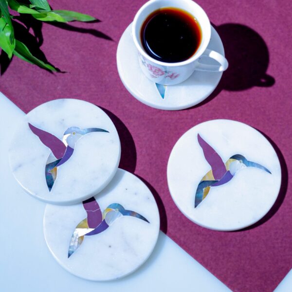 Handcrafted Marble Coasters with Semi-Precious Stone Inlay – Set of 4