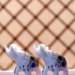 White Marble Elephant Statue Pair with Stone Inlay – Handmade Decorative Figurines for Home & Office Décor thumbnail