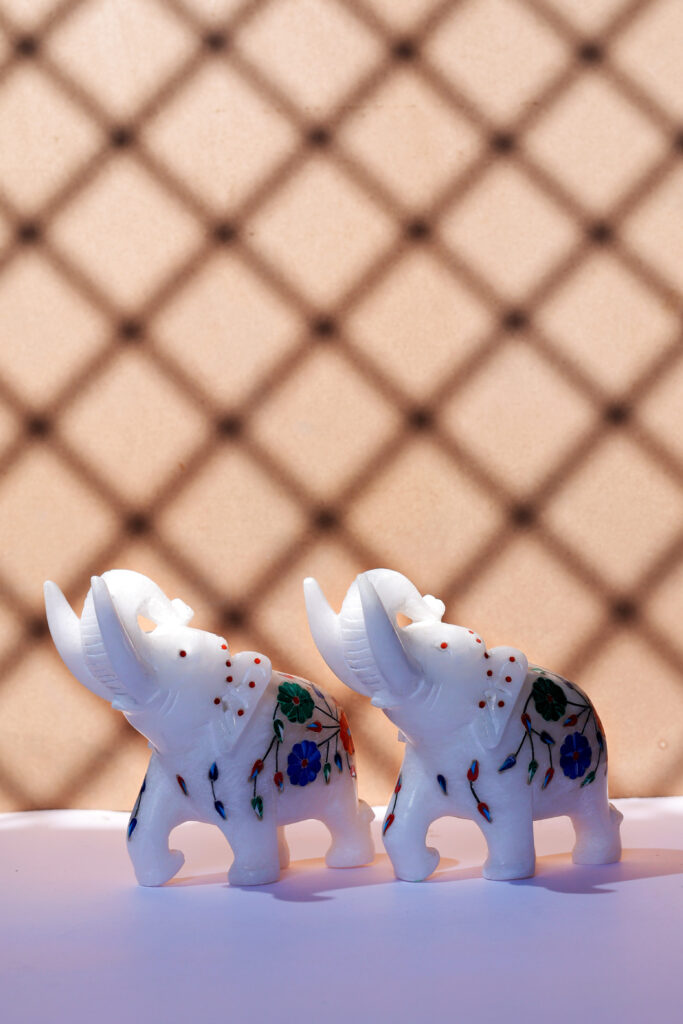 White Marble Elephant Statue Pair with Stone Inlay – Handmade Decorative Figurines for Home & Office Décor - image 4