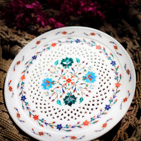 Handmade White Marble Inlay Plate with Floral Jali Work – Decorative Wall & Table Art