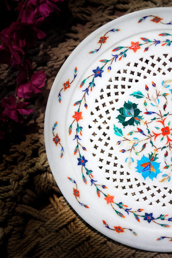 Handmade White Marble Inlay Plate with Floral Jali Work – Decorative Wall & Table Art - image 2