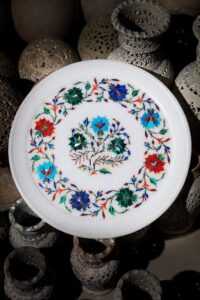 Premium Marble Inlay Plate – Mughal Style Floral Design Handmade in India