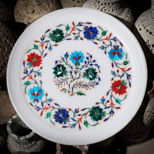 Premium Marble Inlay Plate – Mughal Style Floral Design Handmade in India