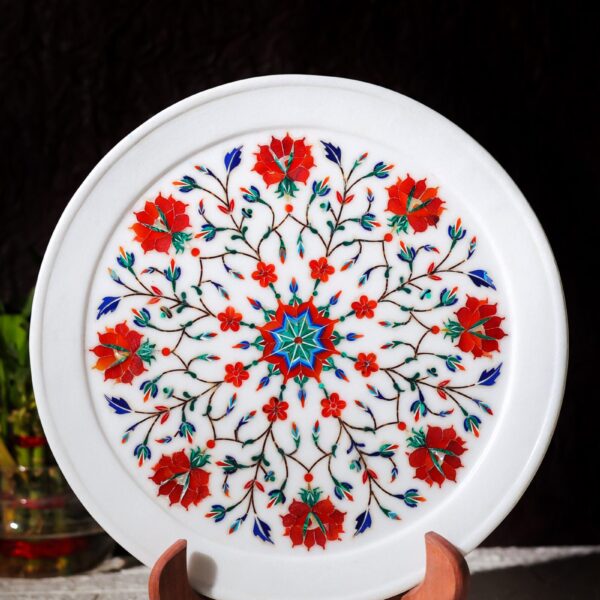 Premium Marble Inlay Plate – Rajasthani Style Floral Design Handmade in India