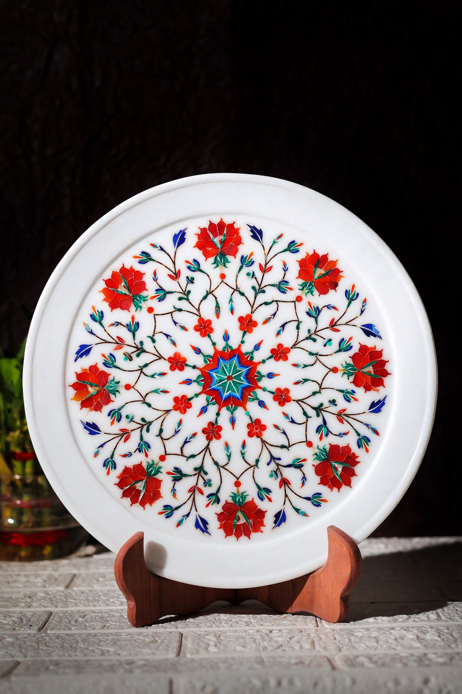 Premium Marble Inlay Plate – Rajasthani Style Floral Design Handmade in India