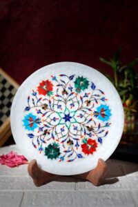 White Marble Inlay Decorative Plate – Handcrafted Floral Art for Wall & Table Décor