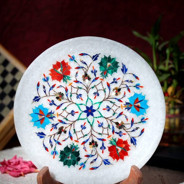White Marble Inlay Decorative Plate – Handcrafted Floral Art for Wall & Table Décor
