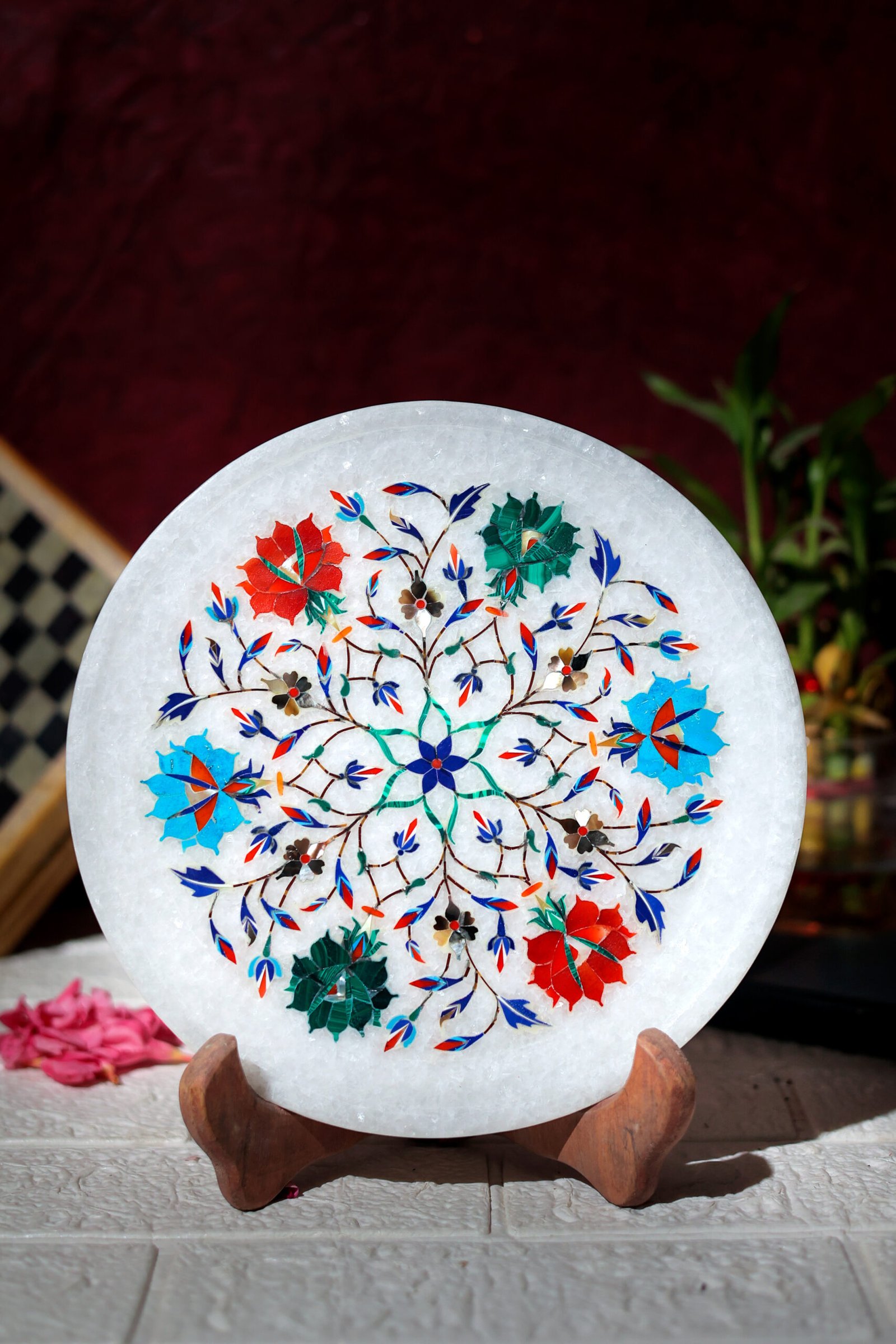 White Marble Inlay Decorative Plate – Handcrafted Floral Art for Wall & Table Décor