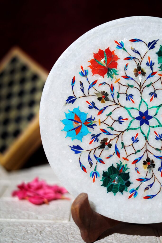 White Marble Inlay Decorative Plate – Handcrafted Floral Art for Wall & Table Décor - image 2
