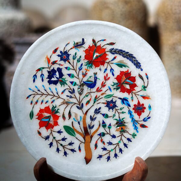 Luxury Marble Inlay Plate – Intricate Floral Design with Hand-Carved flower