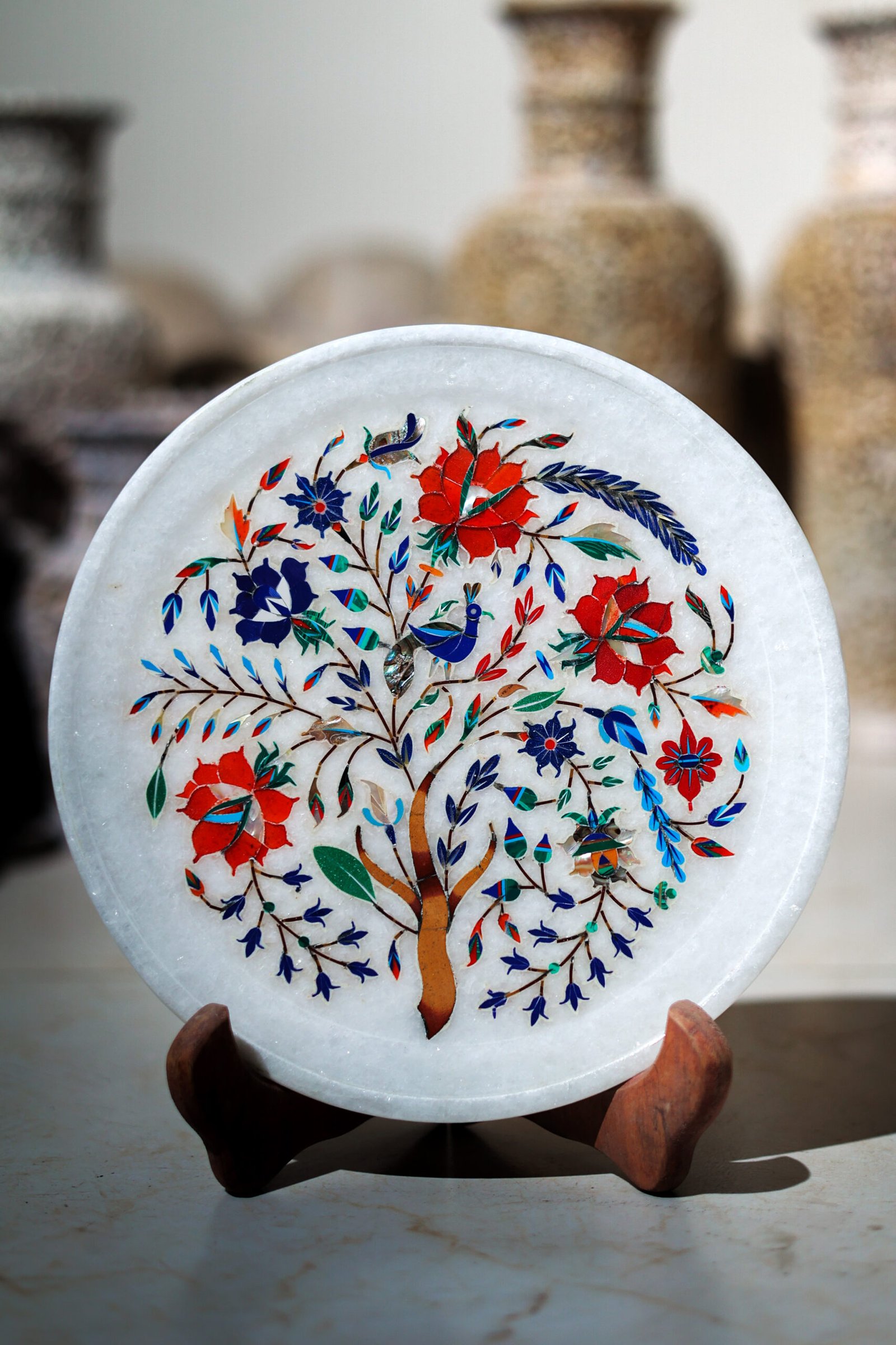 Luxury Marble Inlay Plate – Intricate Floral Design with Hand-Carved flower