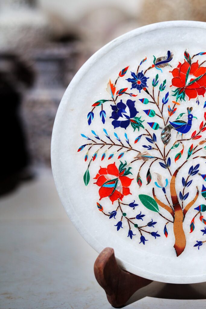 Luxury Marble Inlay Plate – Intricate Floral Design with Hand-Carved flower - image 2