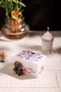 Multicolor Marble Inlay Jewelry Box – Handcrafted Mughal Floral Design (3x2 Inch)