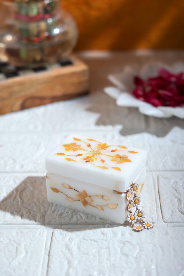 Warm Golden Marble Inlay Jewelry Box – Traditional Floral Inlay Jewelry Box (3x2 Inch)
