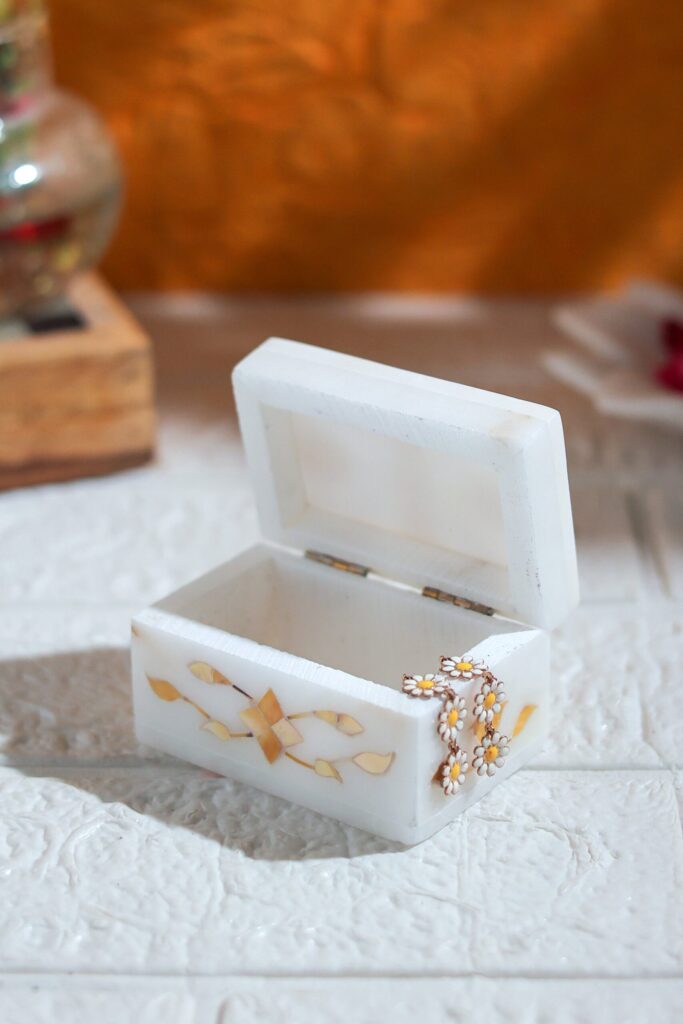 Warm Golden Marble Inlay Jewelry Box – Traditional Floral Inlay Jewelry Box (3x2 Inch) - image 2