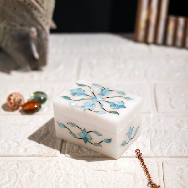 Blue Mist Marble Inlay Jewelry Box – Pastel Floral Trinket Storage (3x2 Inch)