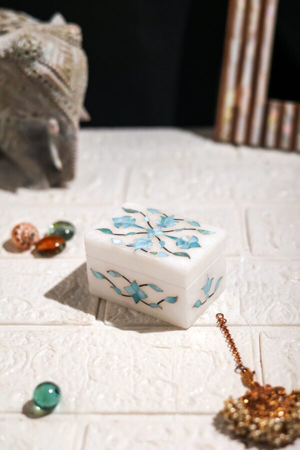 Blue Mist Marble Inlay Jewelry Box – Pastel Floral Trinket Storage (3x2 Inch)