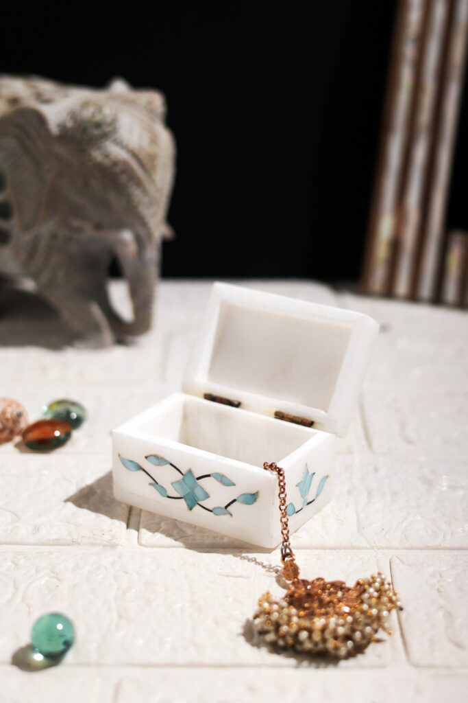 Blue Mist Marble Inlay Jewelry Box – Pastel Floral Trinket Storage (3x2 Inch) - image 2