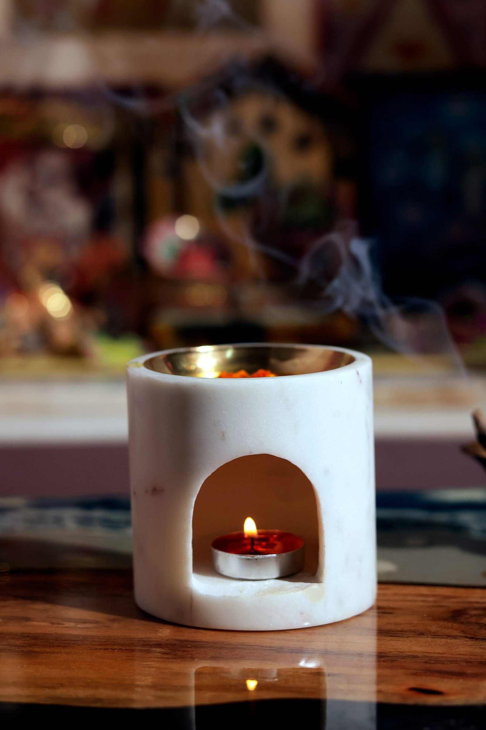 Minimalist White Marble and Brass Oil Burner — Candle & Essential Oil Holder