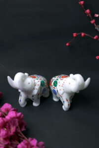 White Marble Elephant Statue Pair with Stone Inlay – Handmade Decorative Figurines for Home & Office Décor