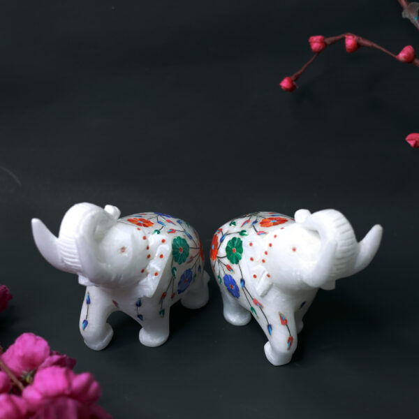 White Marble Elephant Statue Pair with Stone Inlay – Handmade Decorative Figurines for Home & Office Décor