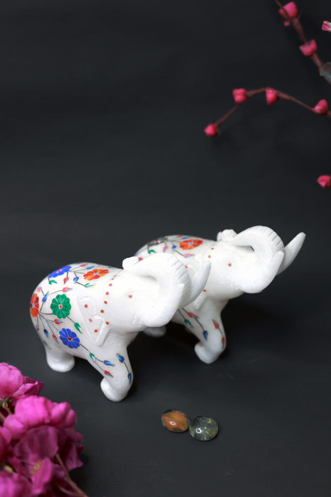 White Marble Elephant Statue Pair with Stone Inlay – Handmade Decorative Figurines for Home & Office Décor - image 3
