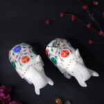 White Marble Elephant Statue Pair with Stone Inlay – Handmade Decorative Figurines for Home & Office Décor thumbnail