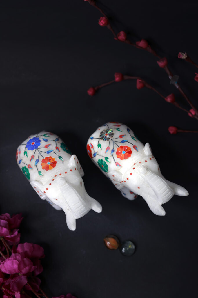White Marble Elephant Statue Pair with Stone Inlay – Handmade Decorative Figurines for Home & Office Décor - image 2