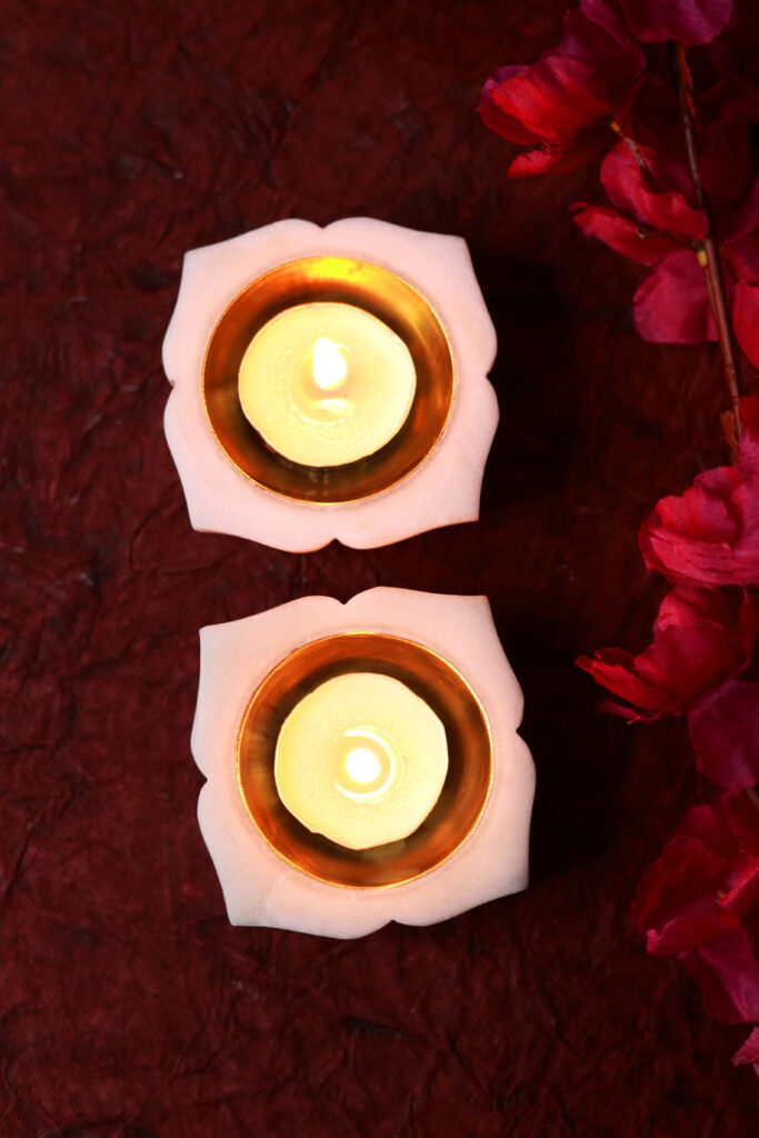 Marble & Brass Offering Tray — White Decorative Thali with Dual Lotus Shape Brass Bowls - image 2