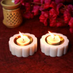 Marble & Brass Offering Tray — White Decorative Thali with Dual Ripped Shape Brass Bowls thumbnail