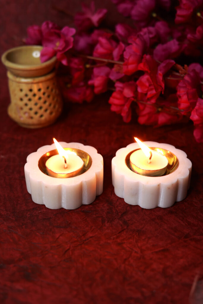 Marble & Brass Offering Tray — White Decorative Thali with Dual Ripped Shape Brass Bowls - image 2