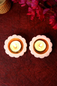 Marble & Brass Offering Tray — White Decorative Thali with Dual Ripped Shape Brass Bowls