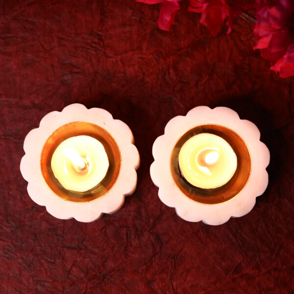 Marble & Brass Offering Tray — White Decorative Thali with Dual Ripped Shape Brass Bowls
