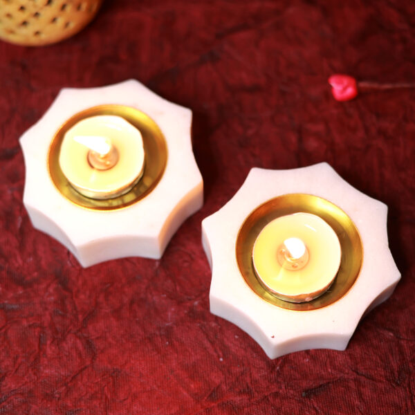Deluxe Marble & Brass Diya Duo Set with Candle & Incense Holder — Festival Lighting Kit