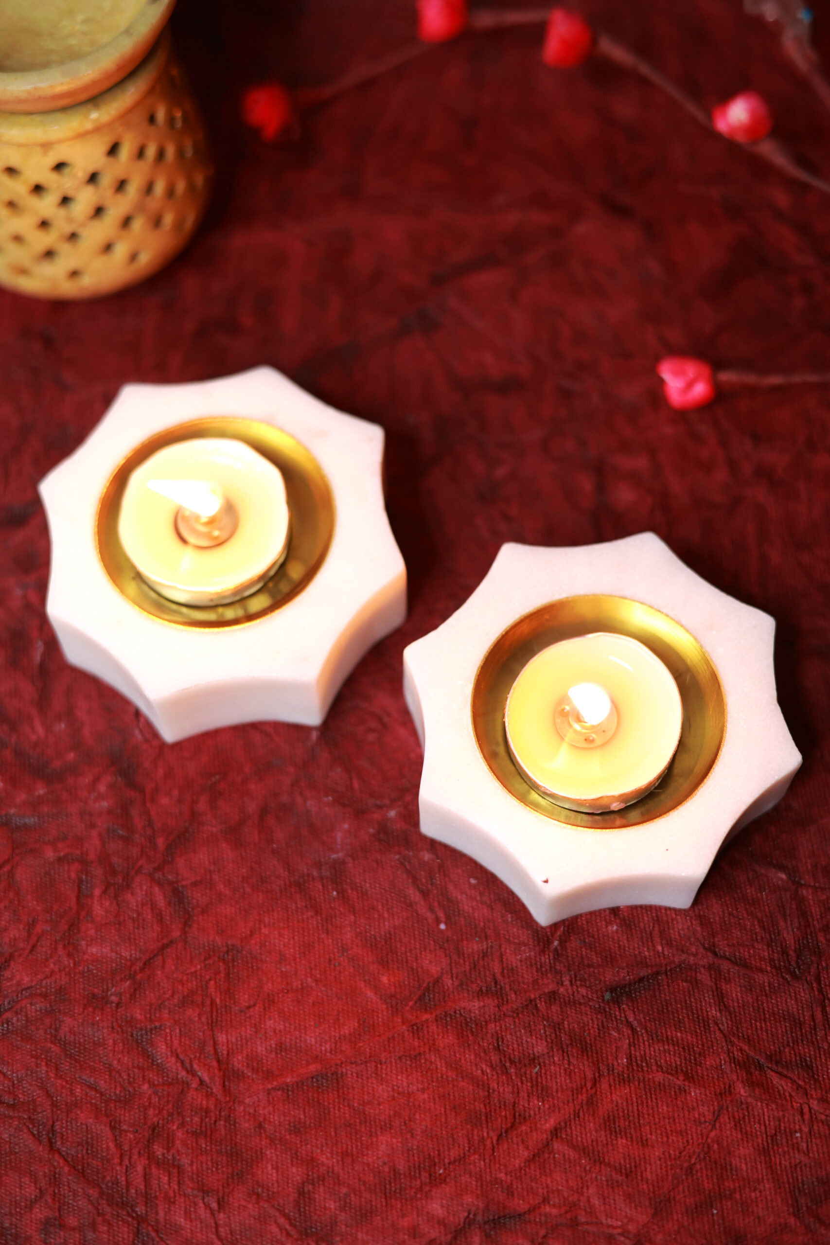 Deluxe Marble & Brass Diya Duo Set with Candle & Incense Holder — Festival Lighting Kit