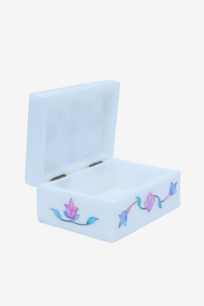 Multicolor Marble Inlay Jewelry Box – Handcrafted Mughal Floral Design (4x3 Inch) - image 4